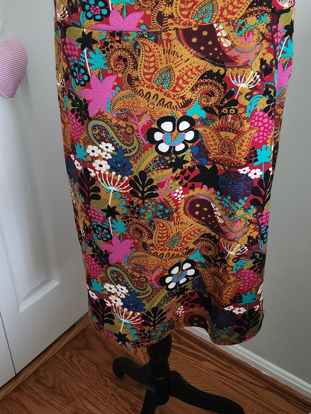 LuLaRoe Bold Paisley Floral Midi Skirt in Pink, Teal & Mustard